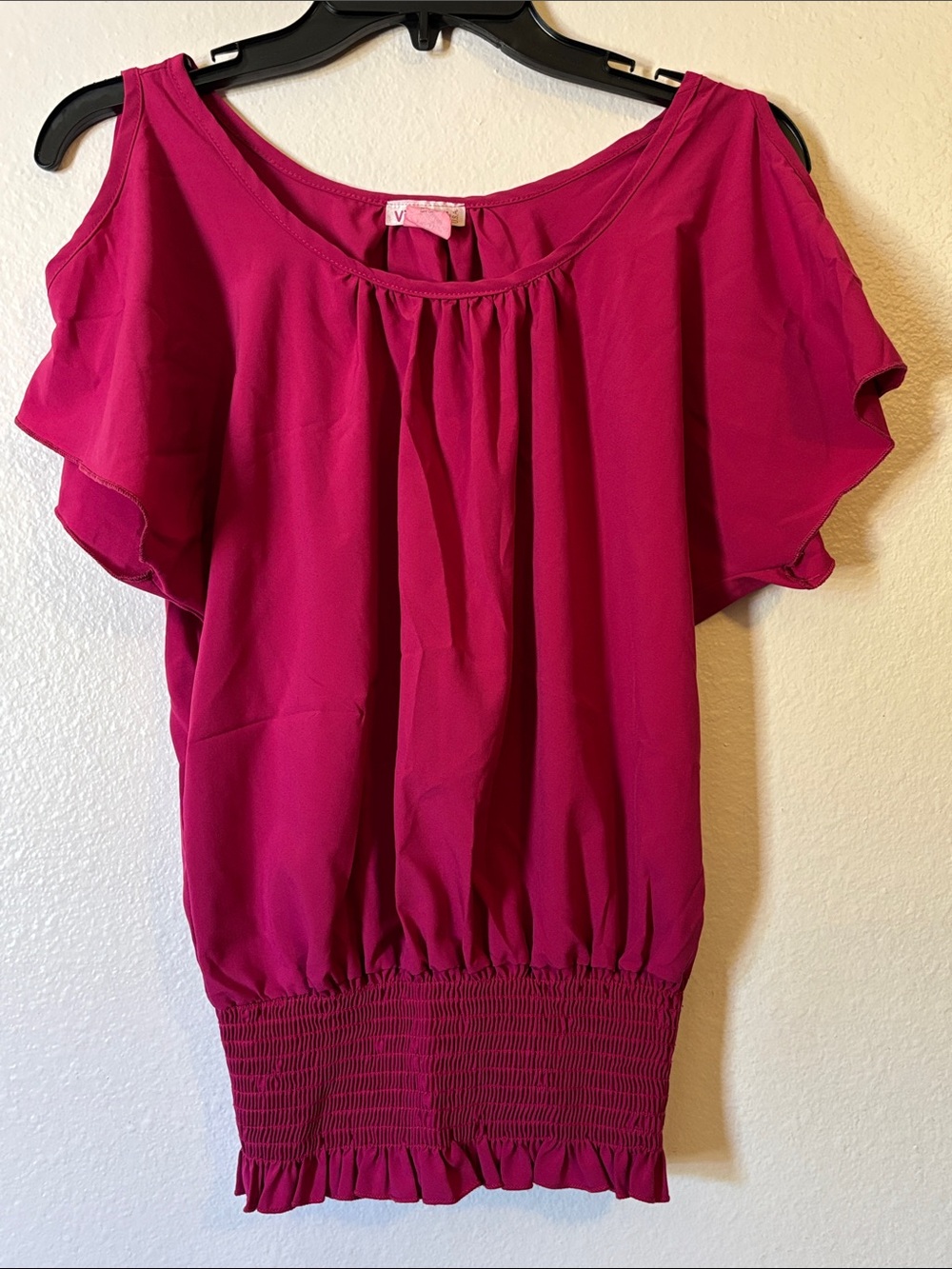 Woman’s Dark Pink Ruffle Hem Blouse With Sleeve Cut Outs and Elastic Hem, Size M